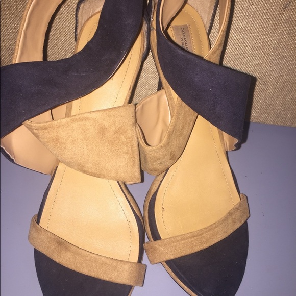 Zara Black & tan brown suede open‎ toe cross band platform stilettos size 41/10 - Picture 5 of 14